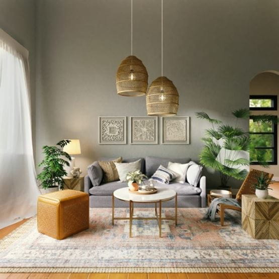Ambiance apaisante, canapé gris clair, plantes et mobilier épuré