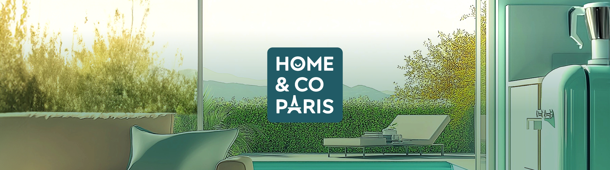 Visuel Home & Co Paris représentant un intérieur contemporain ouvert sur un jardin, avec une ambiance design et bien-être