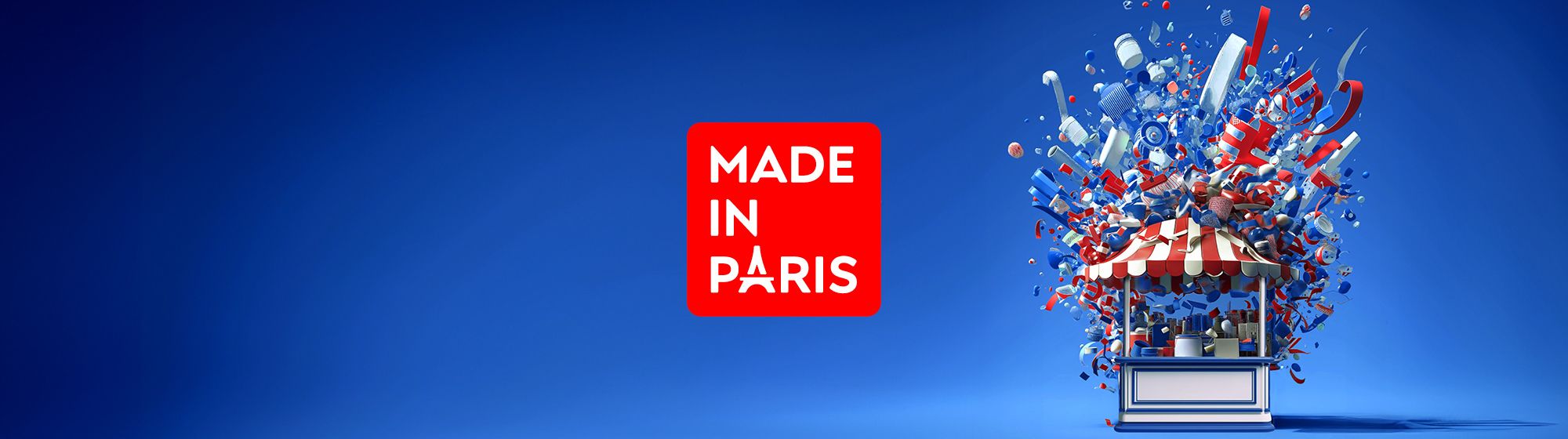 Kiosque rouge et blanc sous ciel bleu, explosion d’objets tricolores évoquant un marché festif. Made in Paris par Foire de Paris