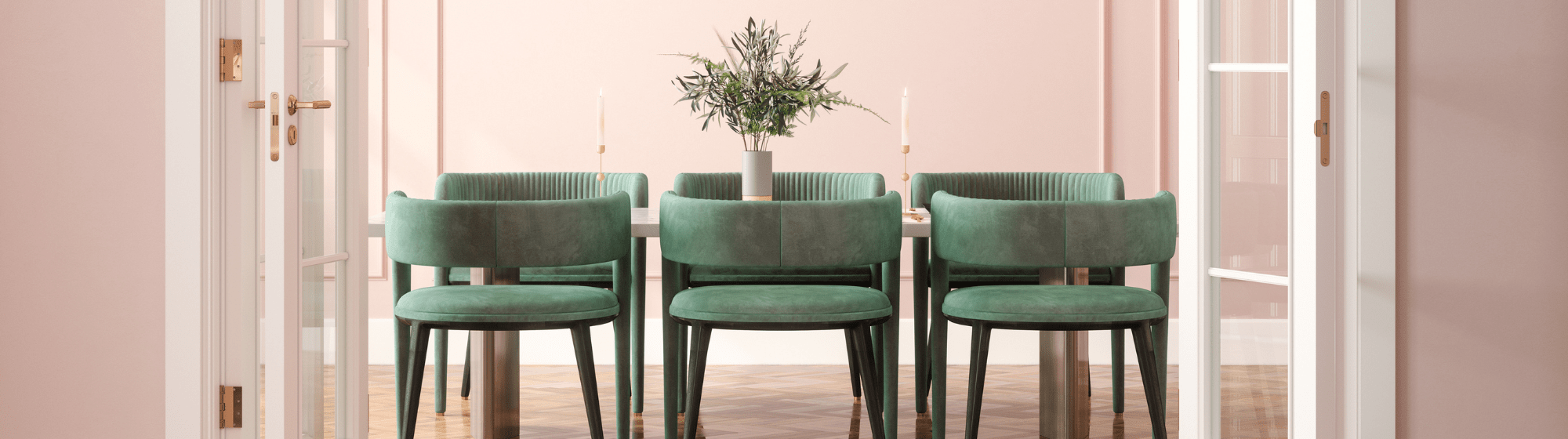 Salle à manger tendance rose et vert