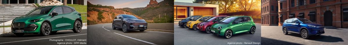 De gauche à droite : clio, B10, Renault Twingo BYD Atto 3, illustrant une offre de citadines et SUV électrifiés.