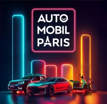 Visuel graphique aux néons représentant différents modes de mobilité avec voitures et deux-roues, accompagné du logo Auto Mobil Paris