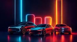 Voitures et motos futuristes éclairées par des néons colorés, mises en scène sur fond sombre pour illustrer la mobilité et l’innovation. Foire de Paris