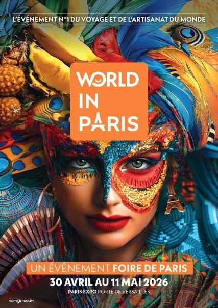 Visuel artistique et coloré représentant la diversité culturelle mondiale, avec une figure féminine stylisée et le logo World in Paris au centre