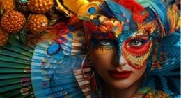 Portrait artistique d’une femme au maquillage et masque colorés inspirés du carnaval, mêlant textures, motifs graphiques et expression intense. Foire de Paris