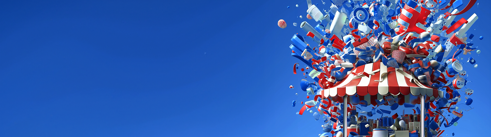 Illustration colorée représentant un kiosque entouré d’objets et de contenants en explosion, évoquant l’univers de l’emballage et de la consommation.