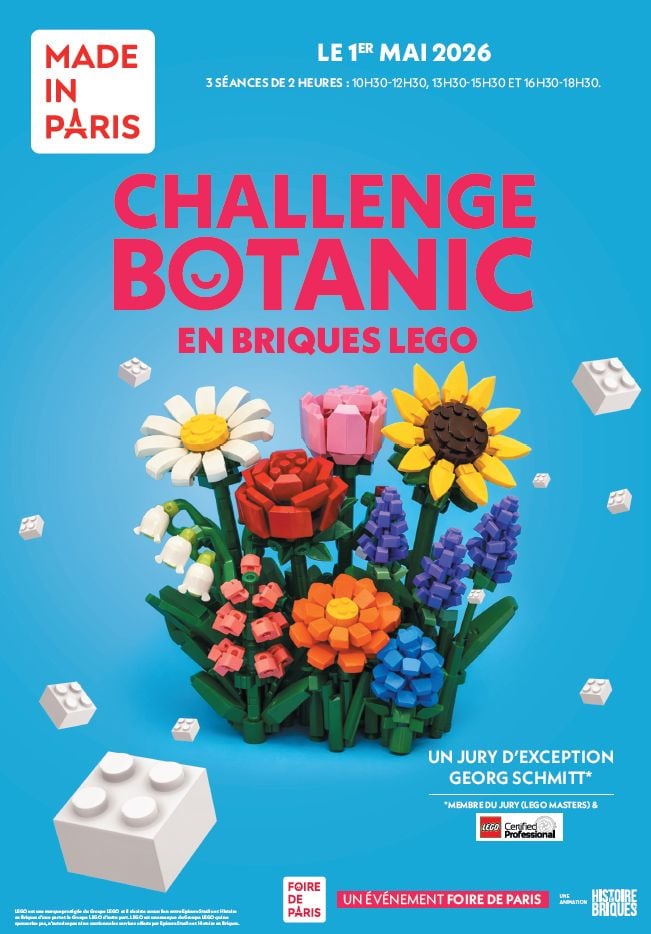 affiche du challenge botanic lego sur fond bleu avec des lego botanics blanc, jaune, orange, rouge ...