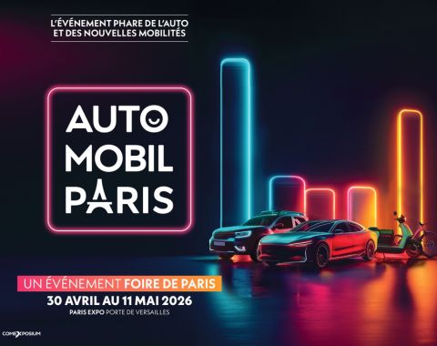 Visuel graphique aux néons représentant différents modes de mobilité avec voitures et deux-roues, accompagné du logo Auto Mobil Paris