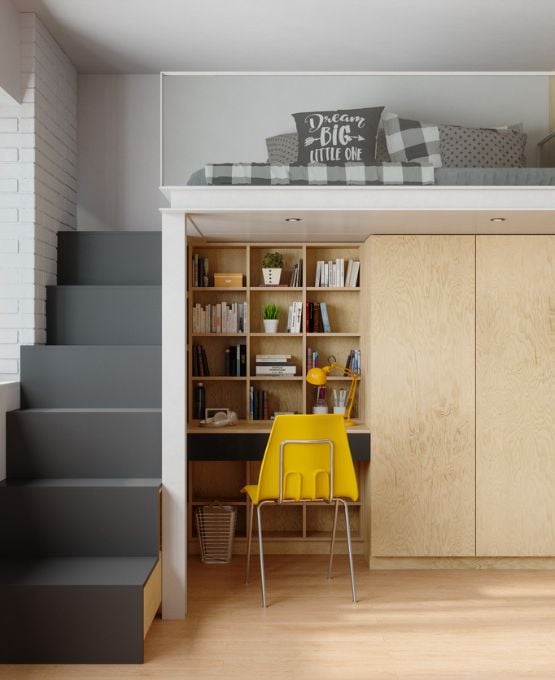 Lit mezzanine avec bureau intégré, étagères et chaise jaune, aménagement compact et moderne pour chambre fonctionnelle